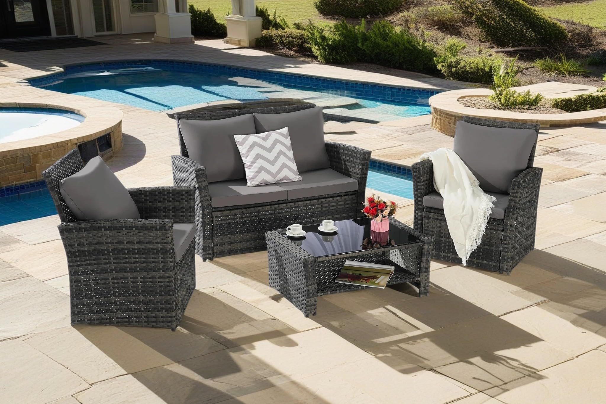 4-Piece Outdoor Patio Furniture Set: Rattan Wicker Chairs, Tempered Glass Coffee Table