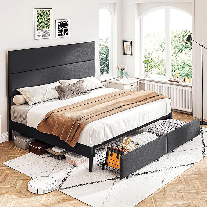 Queen Bed Frame with 2 Storage Drawers and Adjustable Headboard, Upholstered Bed