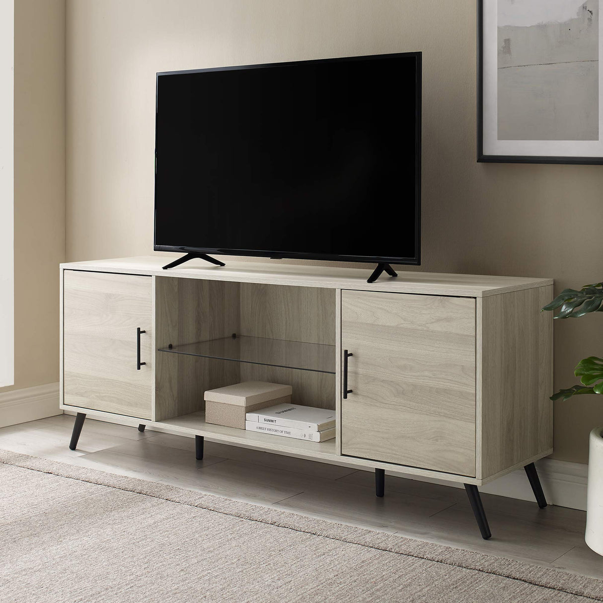 Saxon Mid Century Modern Glass Shelf TV Stand for TVs up to 65 Inches, 60 Inch, Birch