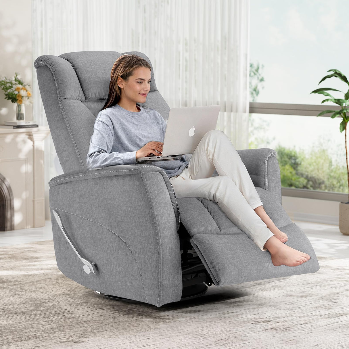 BedsPick Swivel Recliner Chair for Adults, Rocker Recliner Chair, Ergonomic Upholstered 360°Swivel Reclining Sofa, Glider Recliner Chair for Living Room, Bedroom, Nursery, Home Theater (Light Grey)