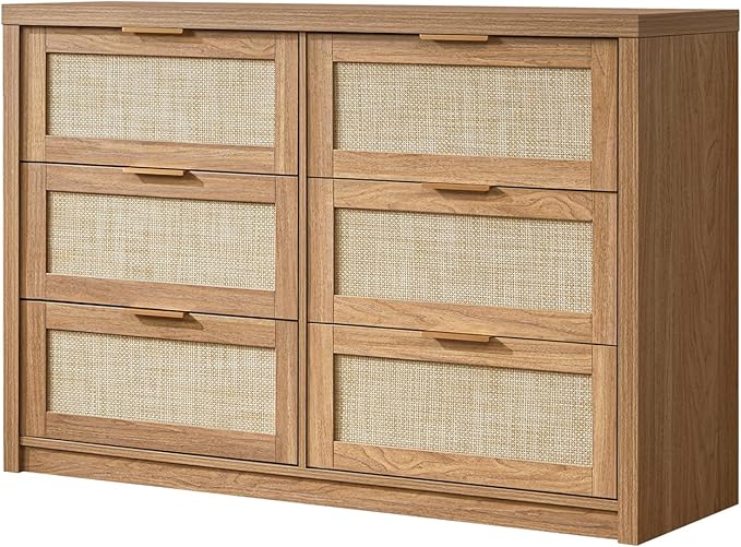 Hampstead Dresser for Bedroom, Rattan 6 Drawer Dresser, Boho Chest of Drawers, Wood