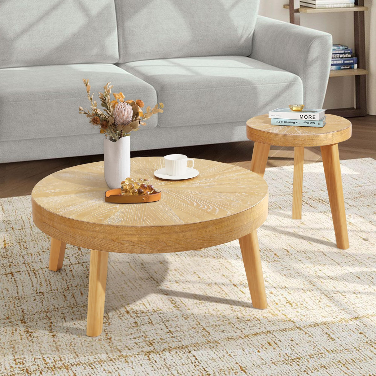 HOKYHOKY Farmhouse Round Coffee Table Set of 3, Boho Sofa Side Nesting Tables End Table Set with Wood Natural Finish for Living Room, Bedroom, Home Office,Natural