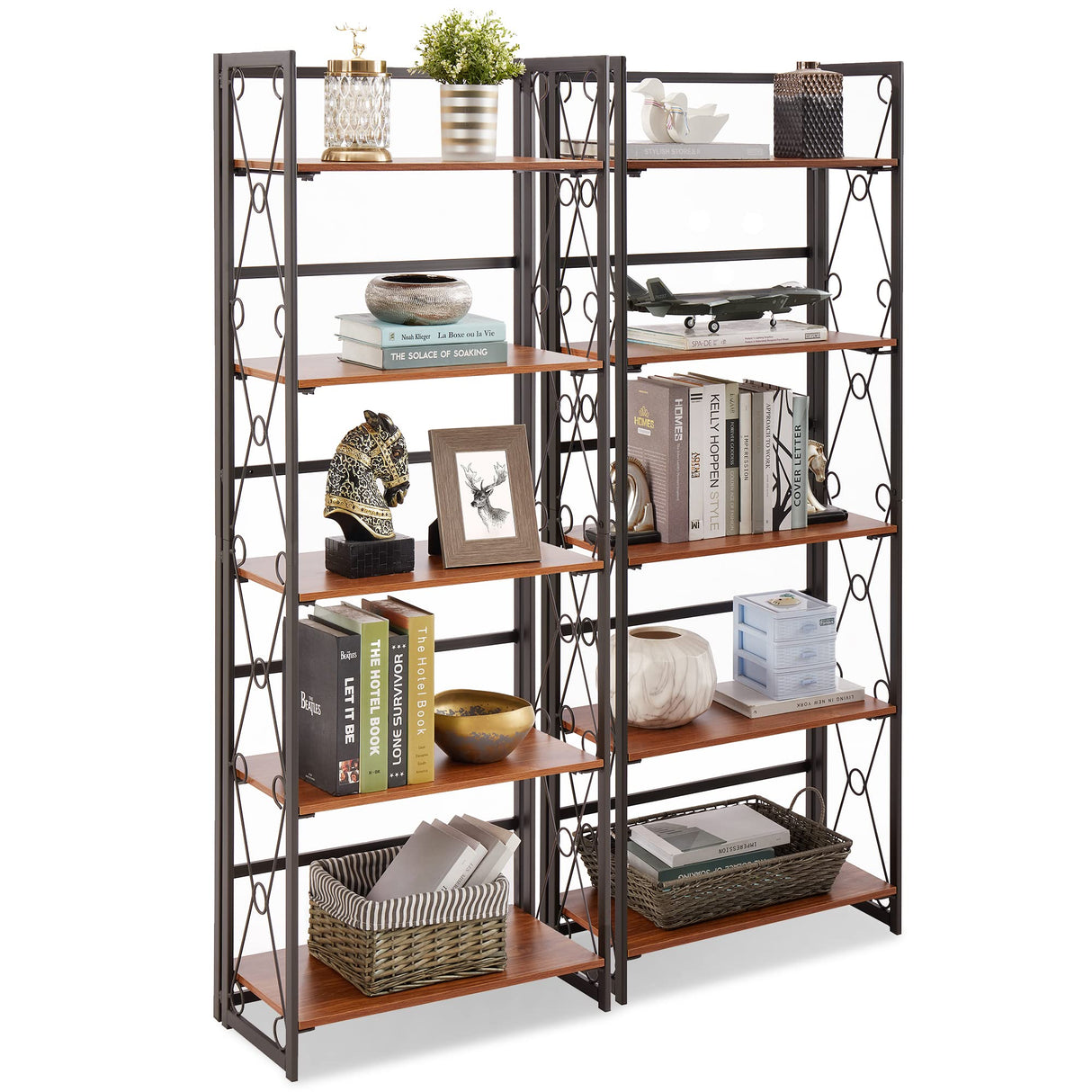 Folding Bookshelf,5 Tier Bookcase Foldable Easy Assembly, Industrial Book Shelf Storage Organizer with X Metal Frame and Anti-Toppling Design,