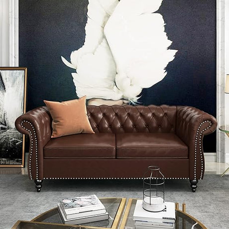 Modern Tufted Couch 3 Seater with Rolled Arms and Nailhead