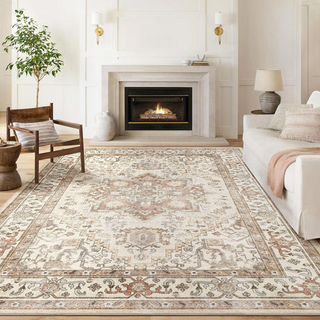 Rug 9x12 Area Rugs: Boho Vintage Distressed Oriental Medallion Neutral Thin Large Rug