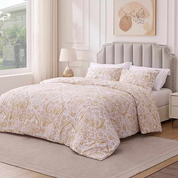 Willam Damask 3 Pieces Comforter Set Queen Size, Cotton Fabric with Microfiber Inner Fill