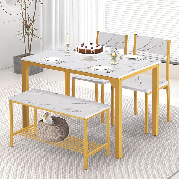 4-Piece Kitchen Table and 2 Chairs for 4 with Bench, Dining Table Set for Small Space