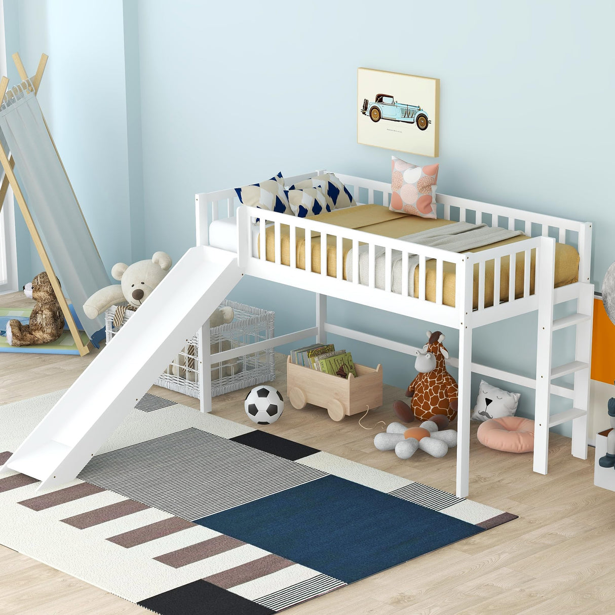 Twin Size Low Loft Bed for Kids,Loft Bed with Slide and Ladder