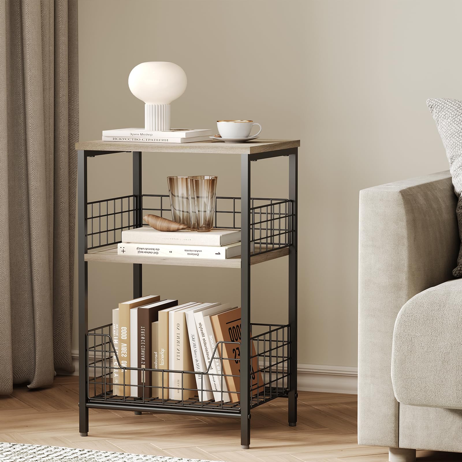 Side Table, Small End Table Record Player Stand with Storage, Vinyl Record Storage Night