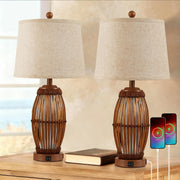27" Vintage Bamboo Woven Table Lamps Set of 2 with USB Charging