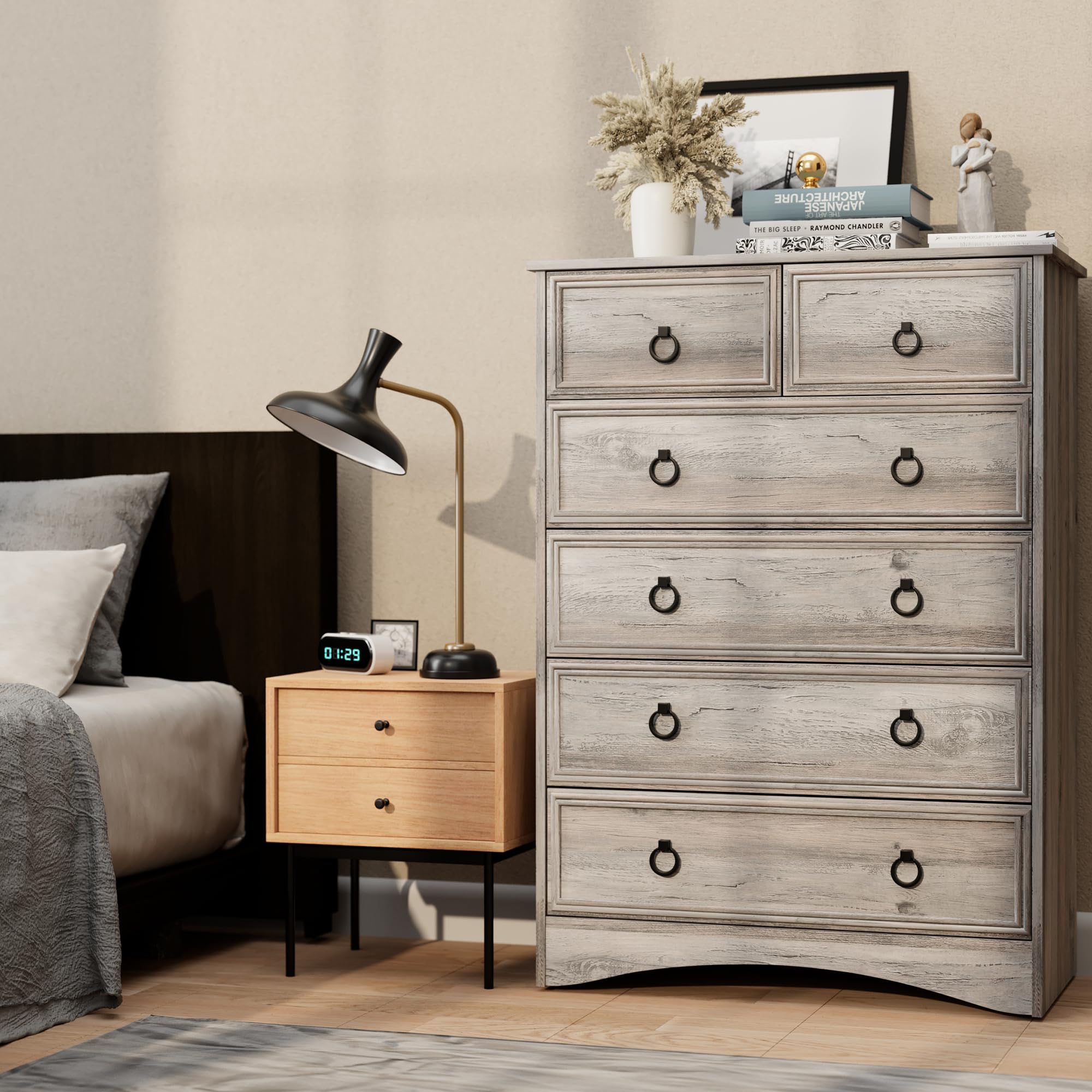 Grey 6 Drawers Dresser, Light Rustic Oak Dresser