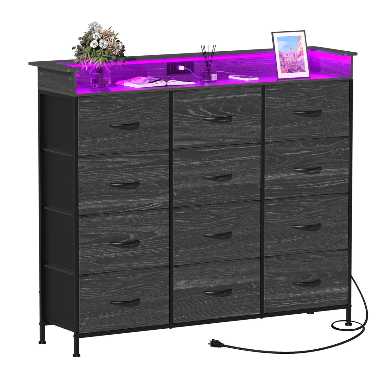 9Black Dresser with LED Light 12 Drawers Dresser with Charging Station Dresser