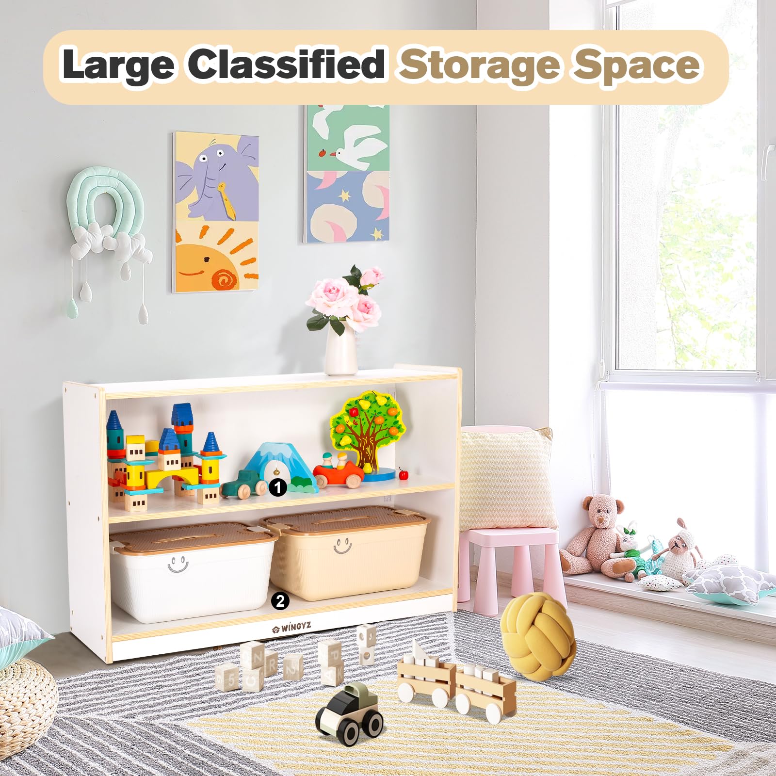 wingyz Kids Toy Storage Organizer, 2-Tier Wooden Storage Cabinet, Spacious Montessori Kids Bookshelf, Toy Shelf Storage Organizer for Playroom Classroom Nursery Study Living Room (White)