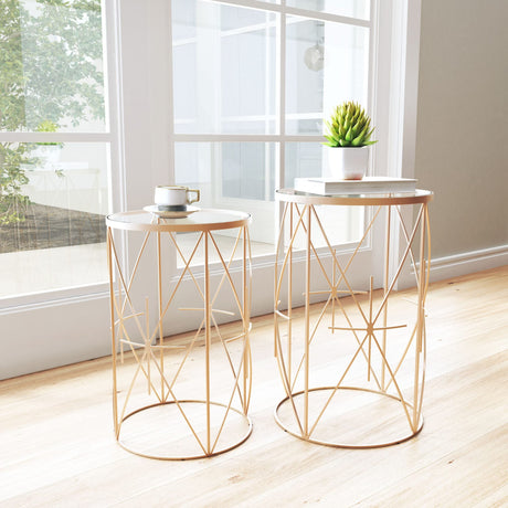 Set of Two Geometric Gold and Glass Side Tables