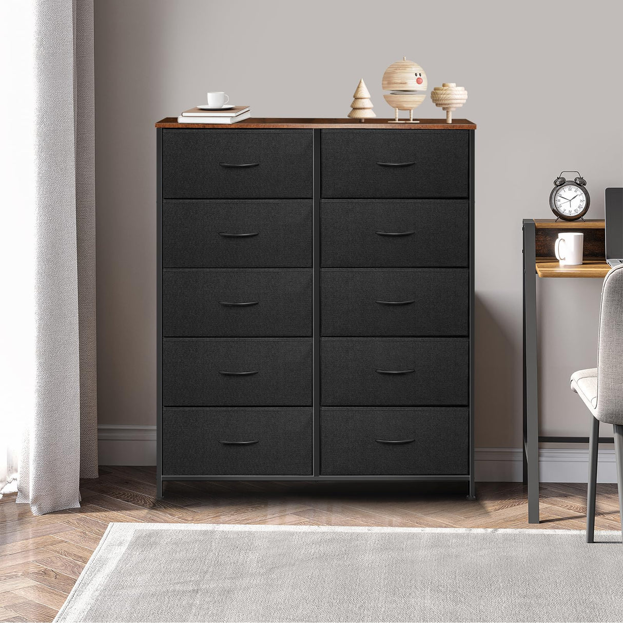 Sonharlar Dresser for Bedroom with 10 Drawers, Chest of Drawers, Storage Drawers Organizer Unit, Black Wide Fabric Dresser with Fabric Bins for Closet, Living Room, Entryway (Black and Rustic Brown)