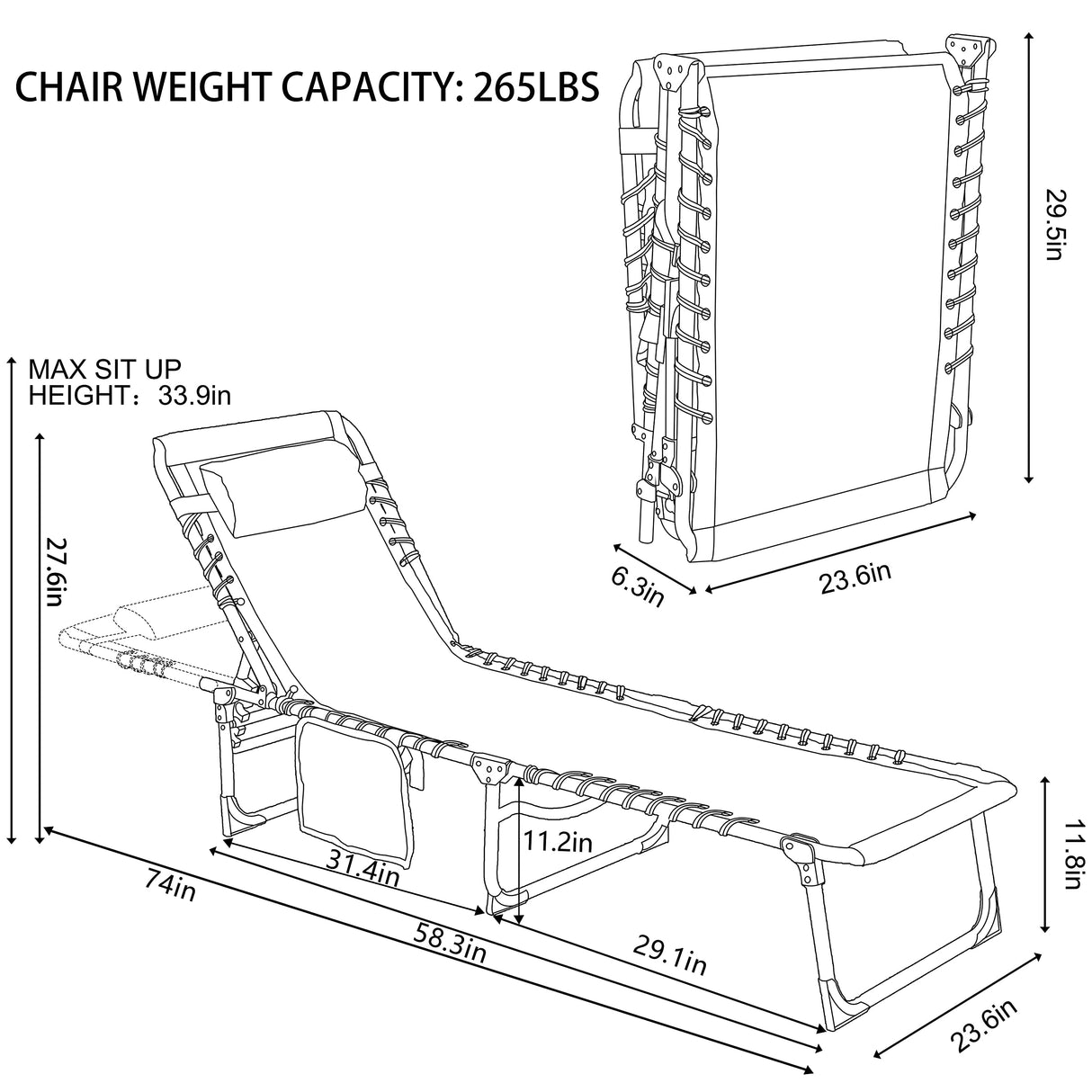 Outdoor Foldable Chaise Lounge Chair with Detachable Pillow & Pocket