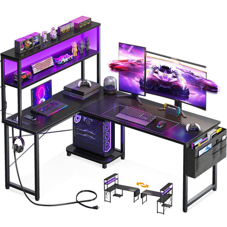 L Shaped Desk Gaming Desk with LED Light & Power Outlet, 53 Inch Reversible L Shaped Computer Desk