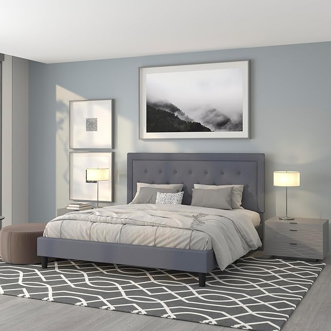 Roxbury Queen Size Tufted Upholstered Platform Bed in Beige Fabric