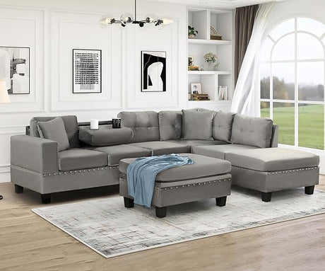 Living Room Furniture Set, Sectional 5-Seater Sofa with Reversible Chaise, Corner Sofa Set with Ottoman, L Shaped Couch for Apartment, Living Room (104.5 Inch Velvet, Gray)