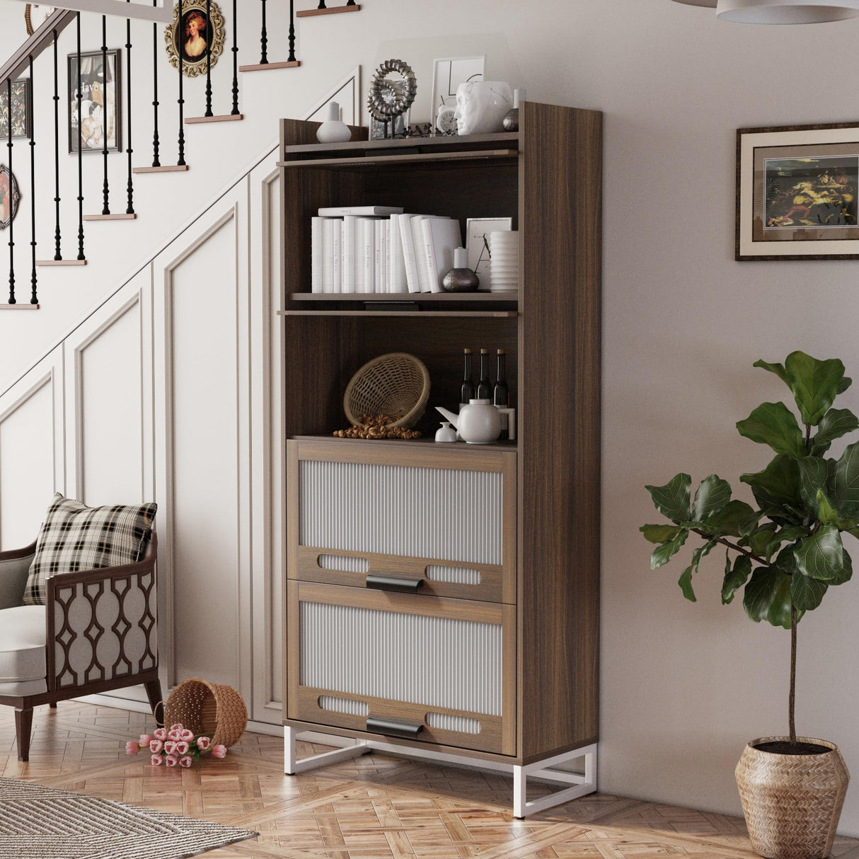 Wooden Storage Cabinet with 4 Drawers, Freestanding Bathroom Cabinets with Acrylic