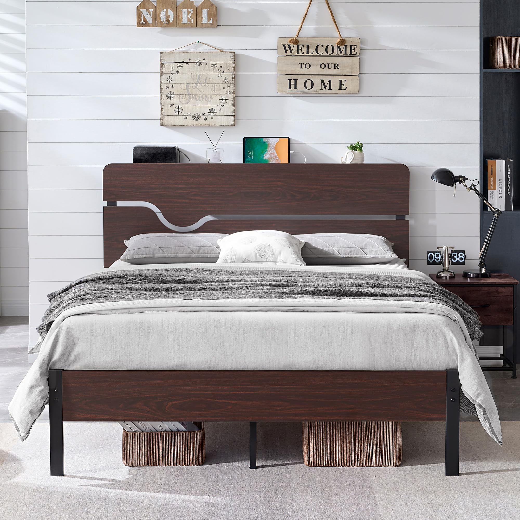 Full Size Bed Frame with Headborad, Industrial Platform Bed Frame