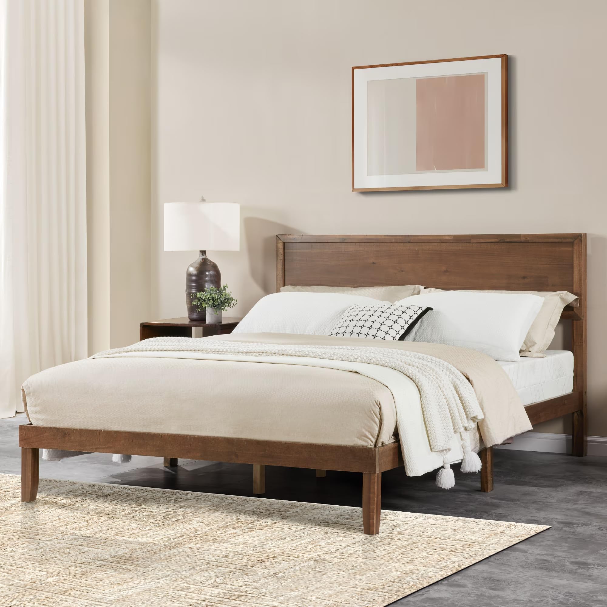 Wood Queen Platform Bed Frame with Headboard