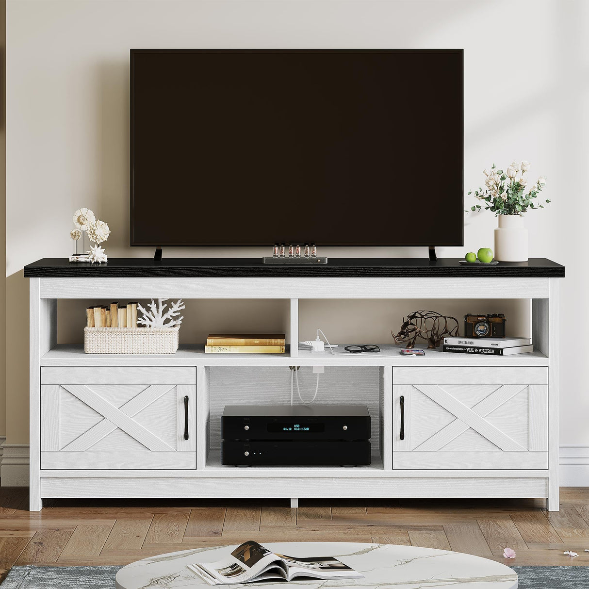 Farmhouse TV Stand for 65 inch TV with Power Outlet, Rustic Entertainment Center