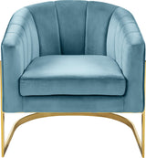 Carter Collection Modern | Contemporary Upholstered Velvet Barrel Accent Chair with Gold Stainless Base, Aqua, 29" W x 27.5" D x 31" H