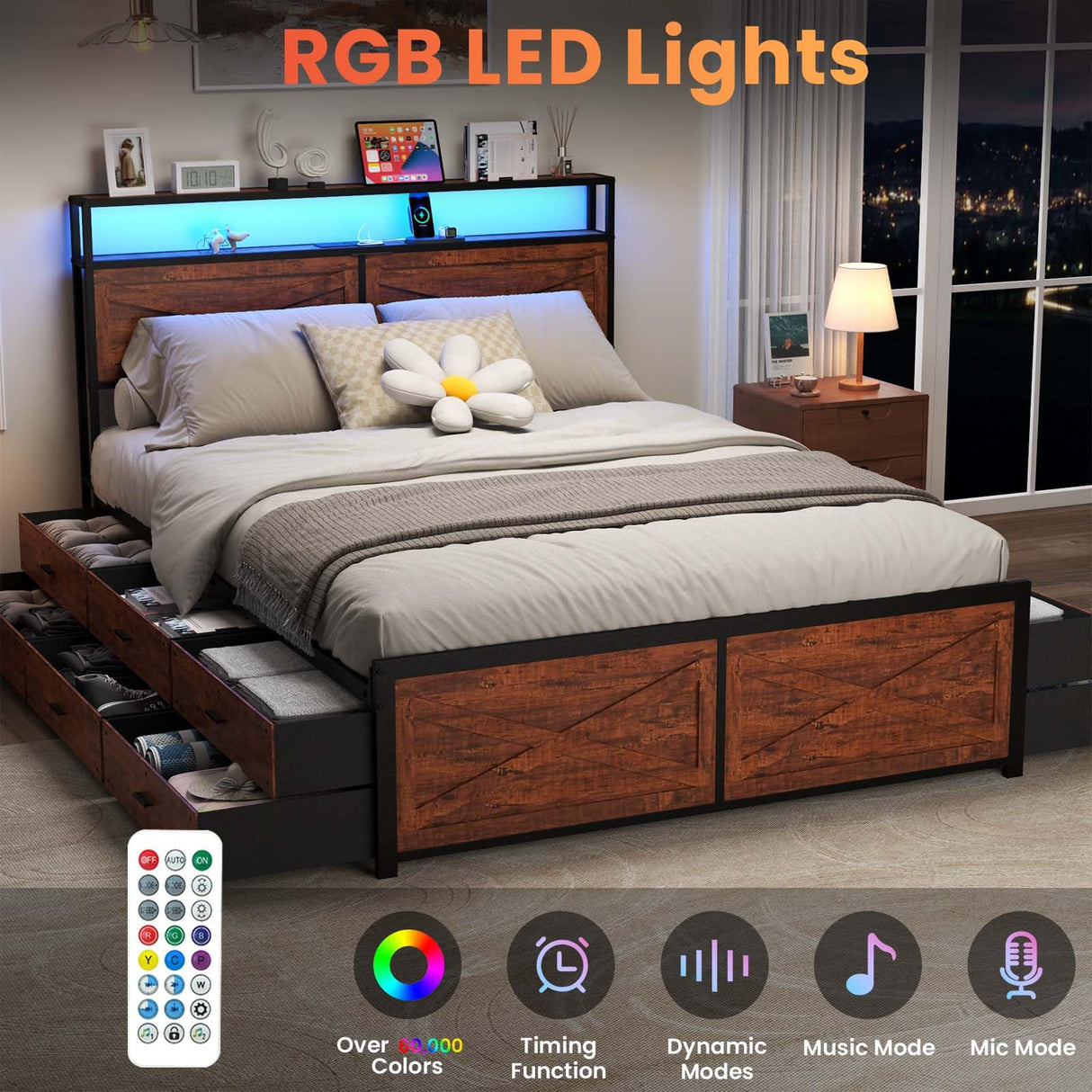 Queen Size Bed Frame with 12 Storage Drawers and LED Headboard