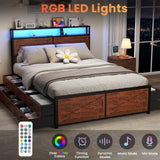 Queen Size Bed Frame with 12 Storage Drawers and LED Headboard