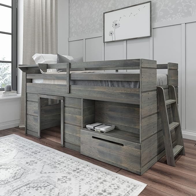 Bed Twin Size, Solid Wood Low Loft Bed with Storage Drawer and Ladder