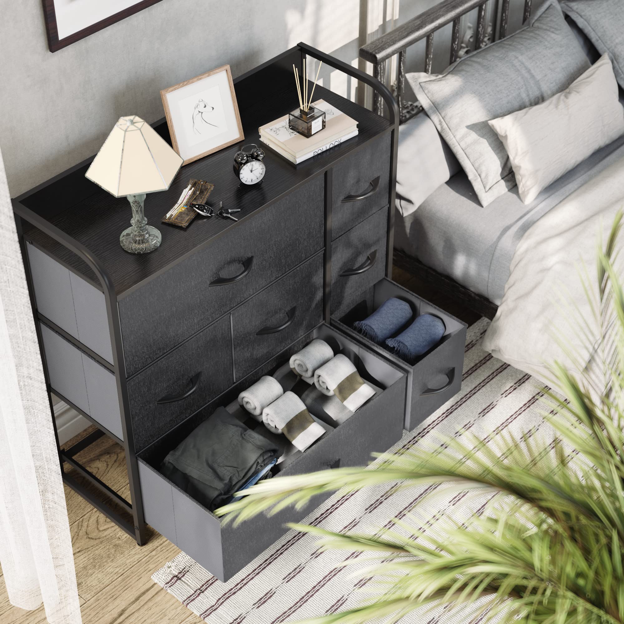 Fabric Dresser with 7 Drawers - Storage Tower (Black/ Grey) & 9 Drawers-Fabric Storage Tower