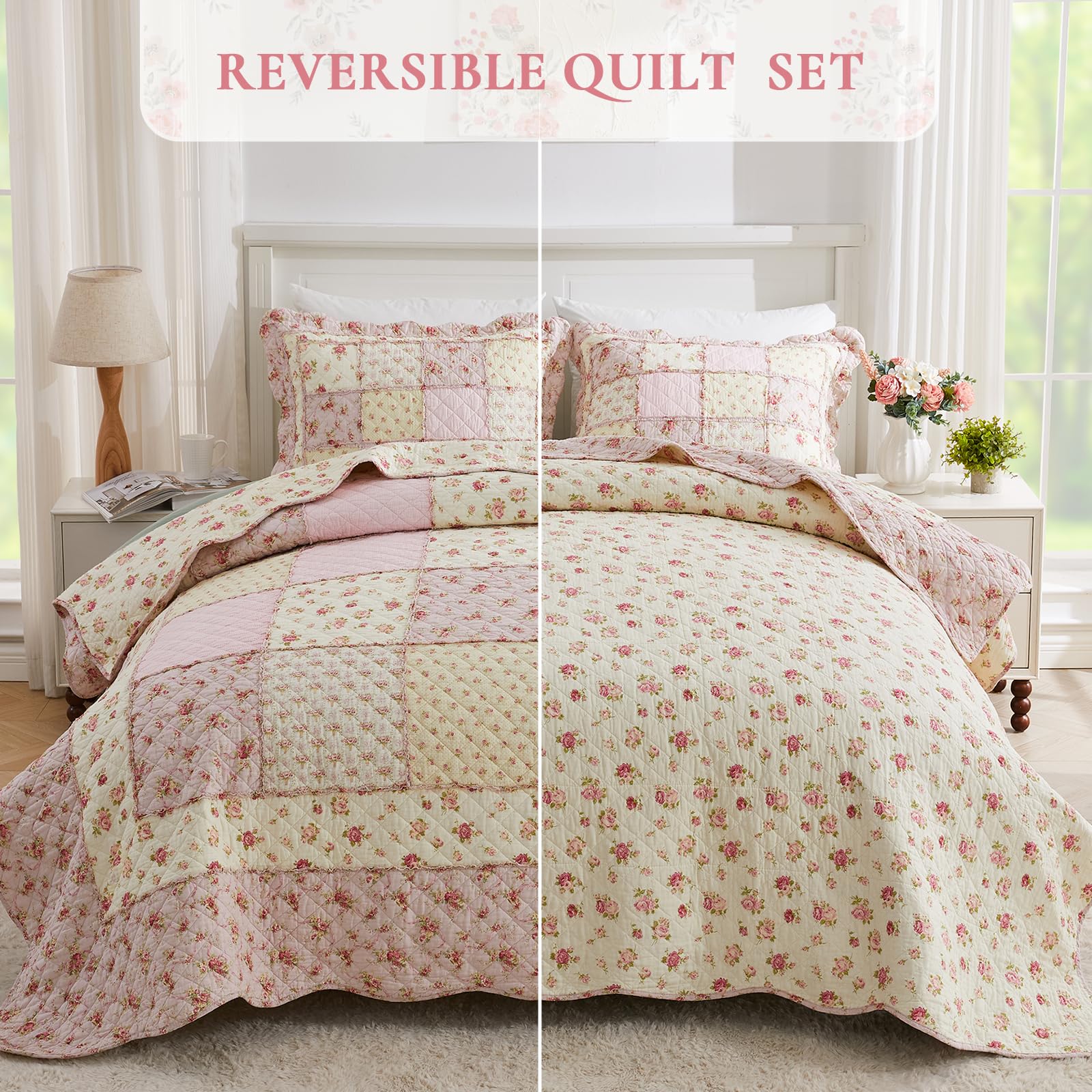 Queen Size Quilt Set 3-Piece Cotton Patchwork Floral Bedding