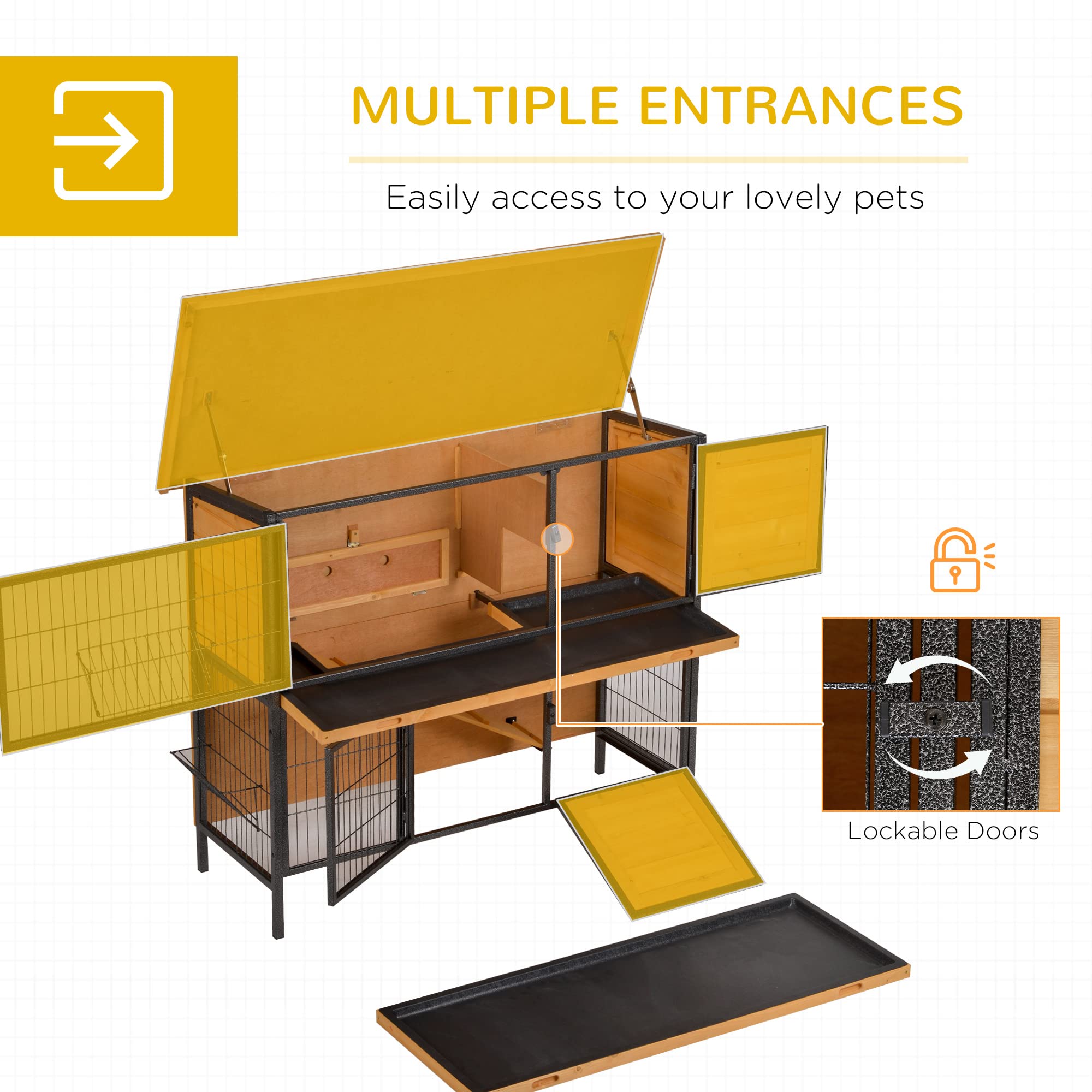 48" 2-Story Large Rabbit Hutch Bunny Cage Wooden Pet House Metal Frame