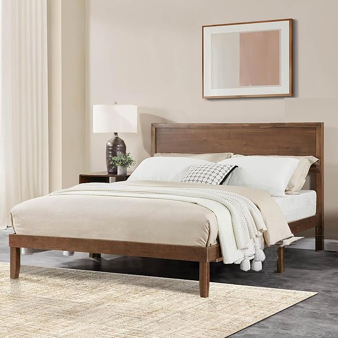 Wood Full Size Bed Frame, Mid Century Modern Platform Bed with Headboard