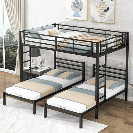 Heavy-Duty Triple Bunk Beds, L-Shaped Metal Bunk Bed for 3 Kids Adults