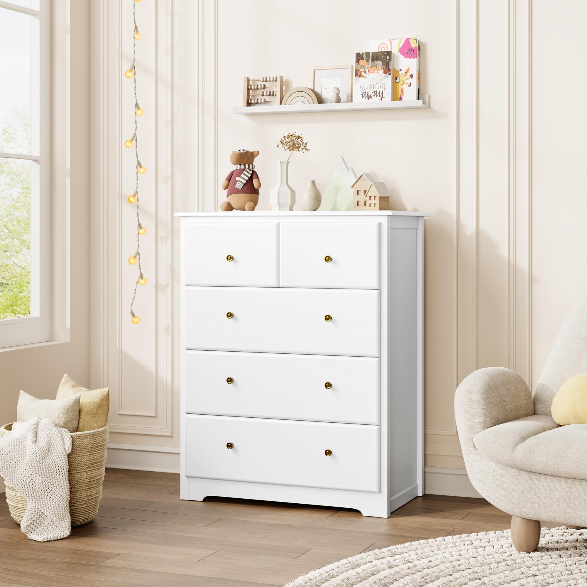 Dresser with 5 Drawers, Tall Dresser Chest of Drawers, 5 Drawer Dresser with Deep Space
