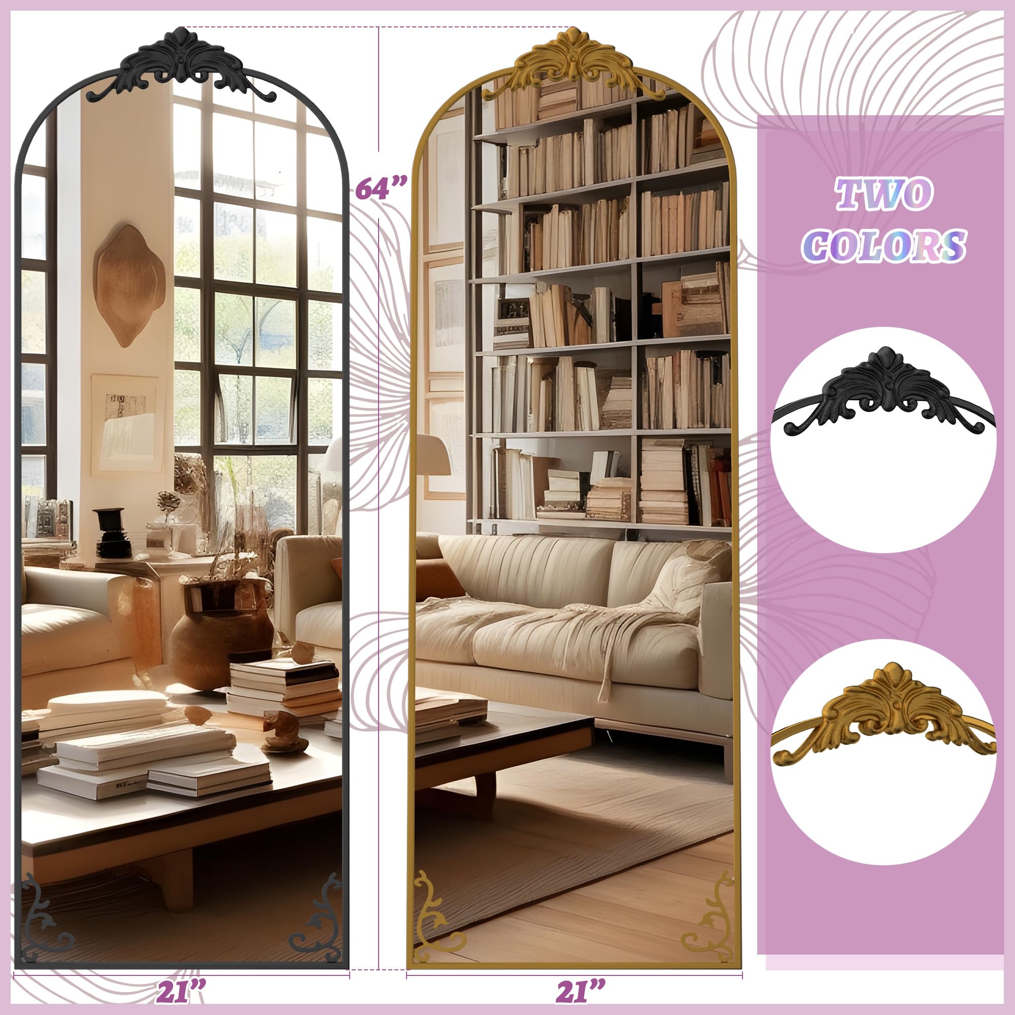 Arched Full Length Floor Mirror 64x21 - Vintage Gold Carved Frame