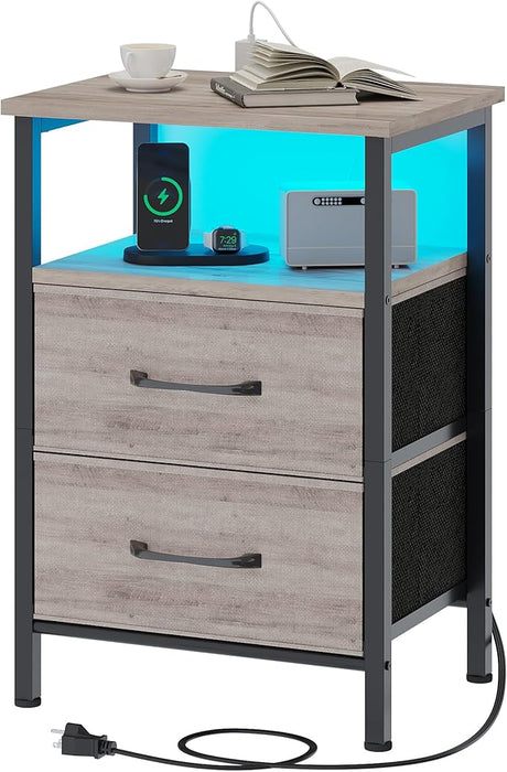 Nightstands Set of 2, Night Stand with Charging Station and Led Lights, Bedside Table