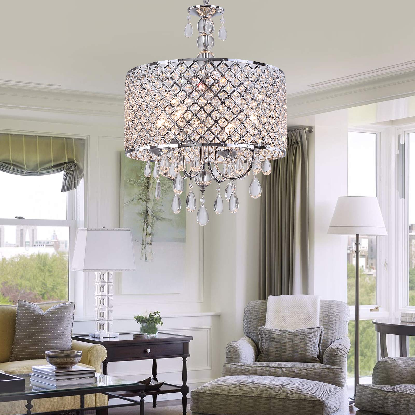 Modern Crystal Chandeliers for Dining Room,Glam Chrome Chandelier 4 Lights for Kitchen