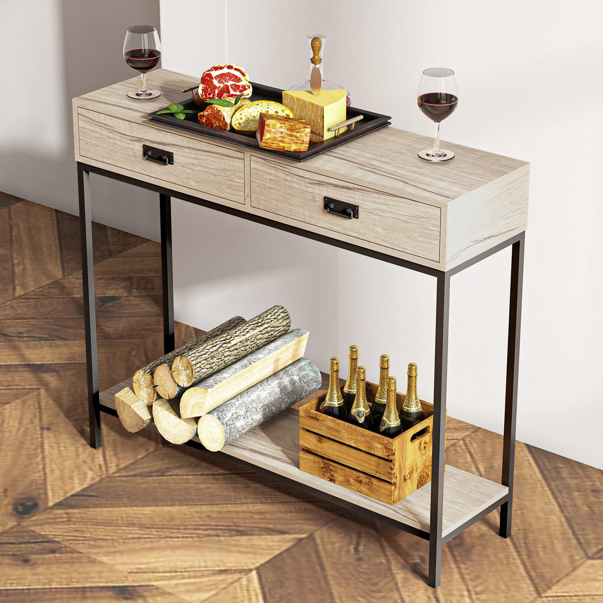 Oak Wood Console Table with 2 Drawers, Hallway Foyer Table with Storage Shelves