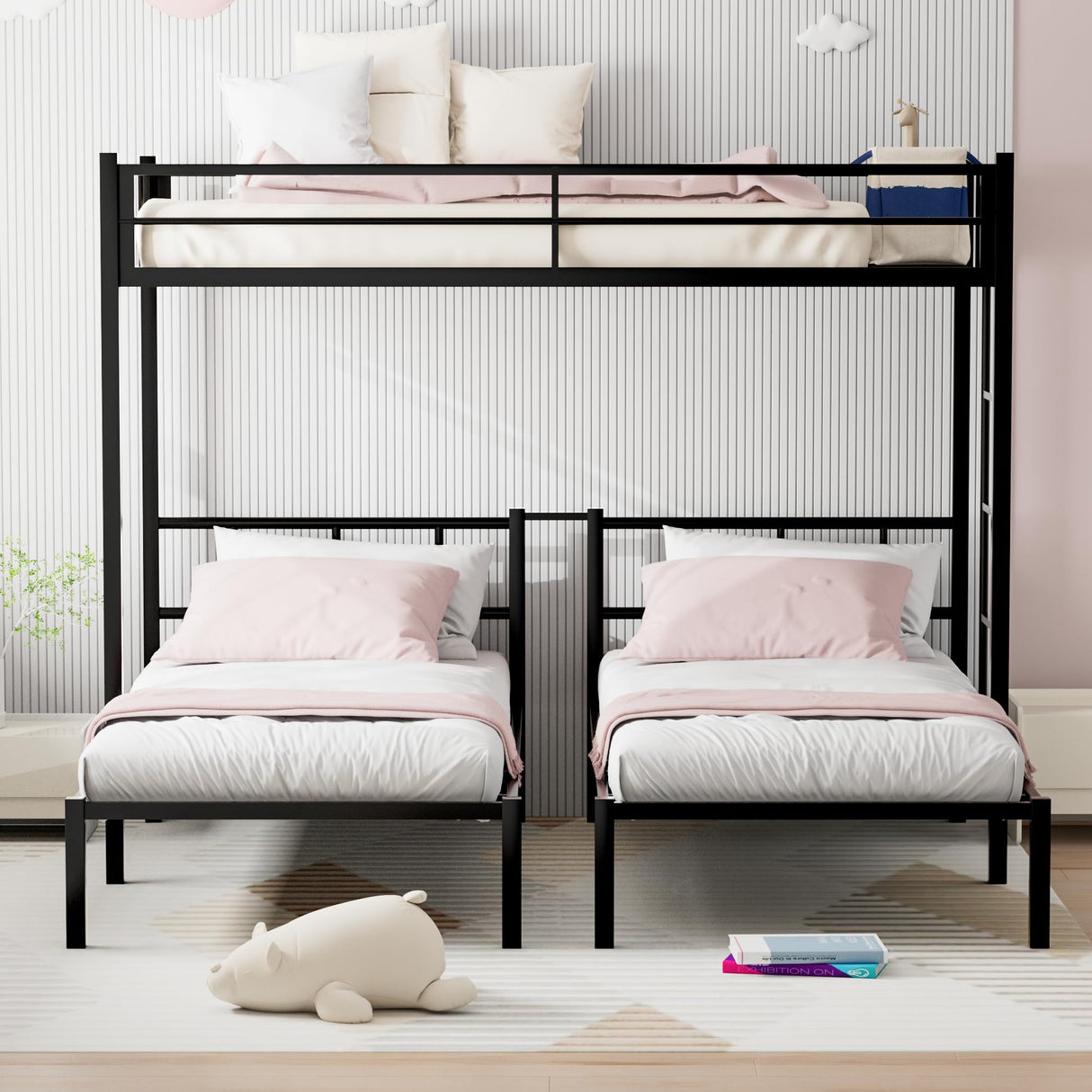 Metal Triple Bunk Bed for 3, Twin Over Twin Over Twin Bunk Beds with Built-in Ladders, Separates into 3 Twin Beds for Teens, Adults, No Box Spring Needed, Black