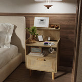 Nightstand with Charging Station, Small Bedside Table, Rattan Nightstand Set of 2