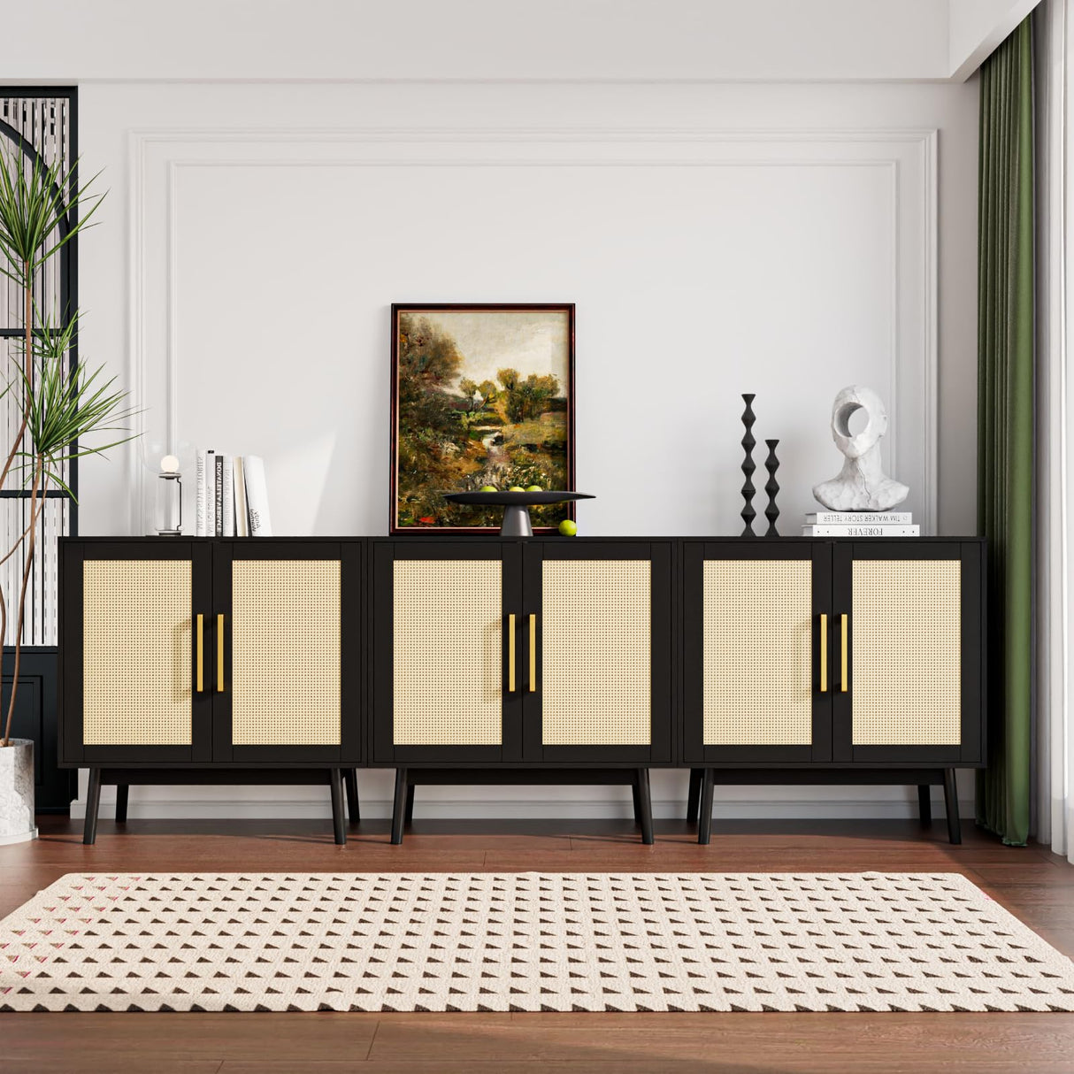 Buffet Cabinet, Rattan Cabinet, Set of 3, Storage Cabinet with 2 Doors