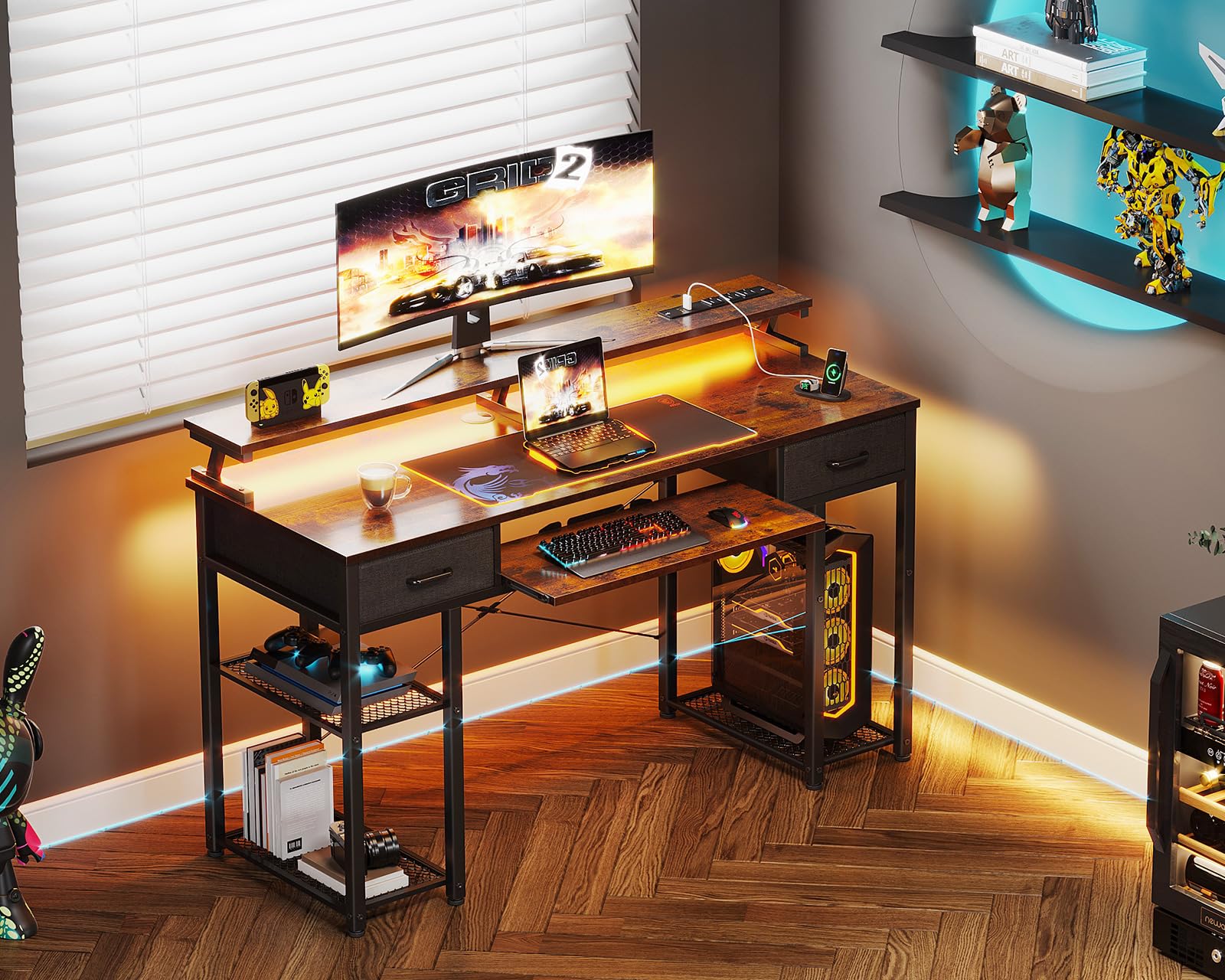 Computer Desk with LED Lights & Power Outlet, 48 Inch Gaming Desk with Keyboard