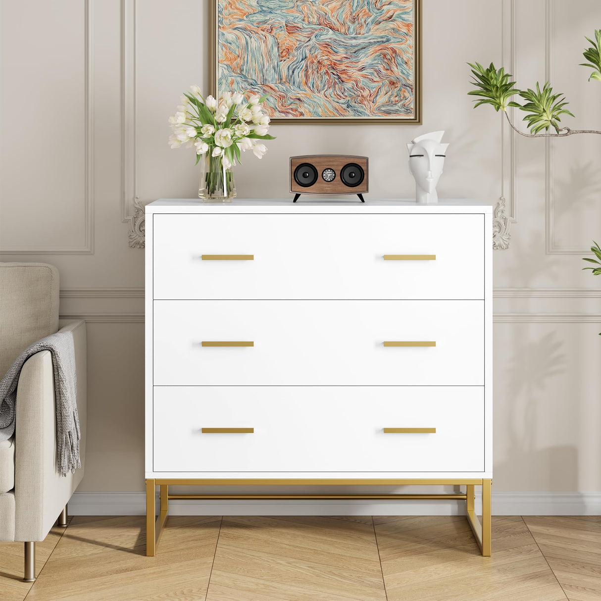 White Dresser with 3 Drawers, White Gold Dresser with Metal Handle and Frame