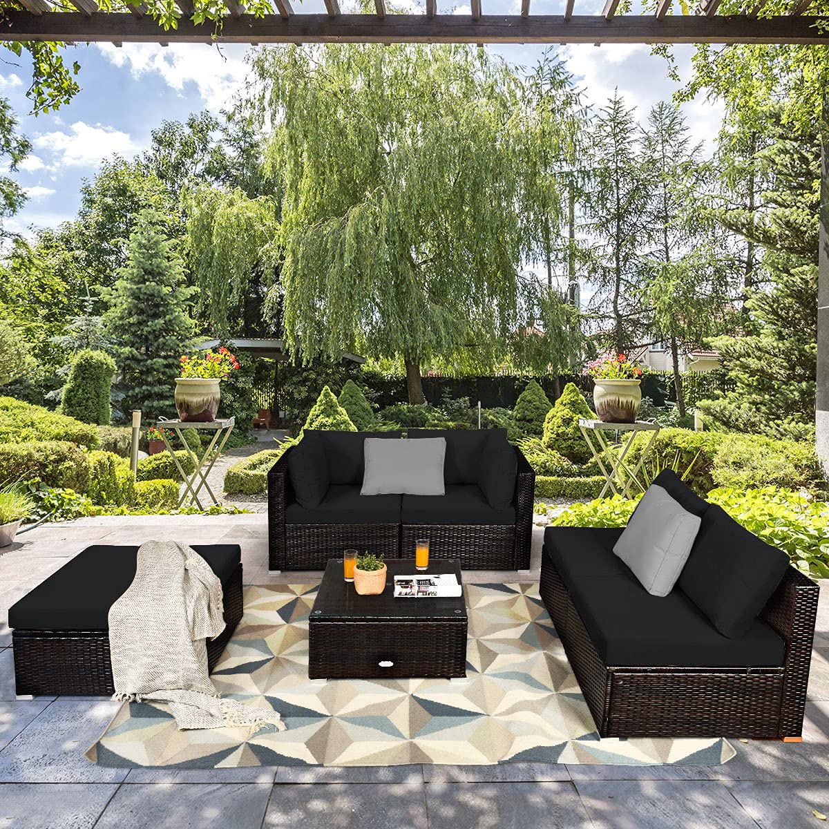 6 Piece Patio Furniture Set, Outdoor Deck Lawn Backyard Durable Steel Frame PE Rattan