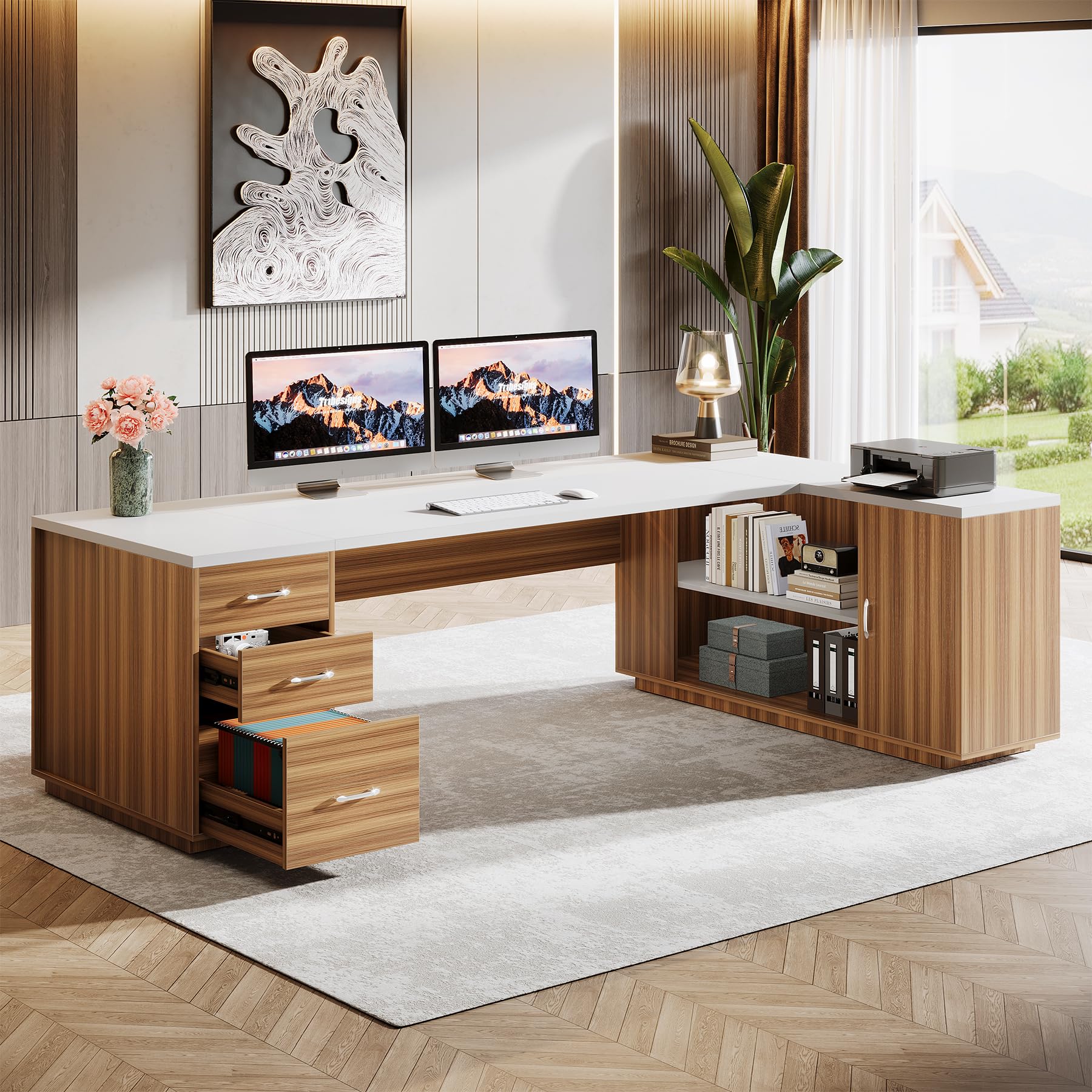 85.8" L-Shaped Executive Desk, Extra Large Office Desk with File Drawers