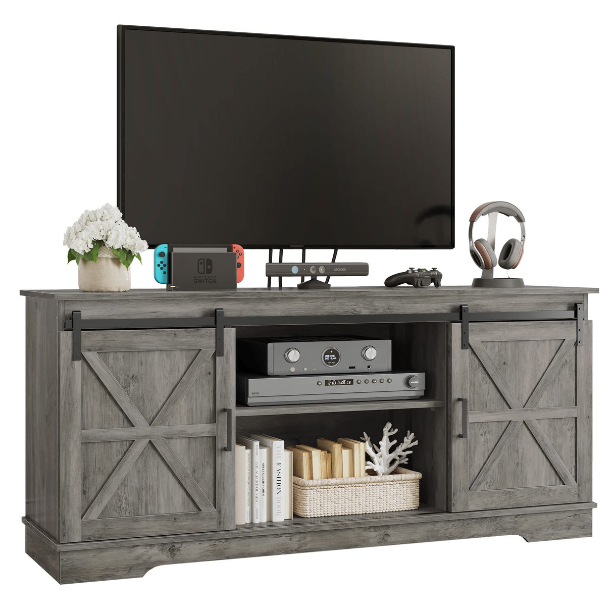 Farmhouse TV Stand for 65/60/55 Inch TV, Rustic Modern Entertainment Center