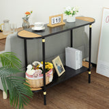 Black Metal Console Table with Rattan Decor, 2-Tier Entryway Table